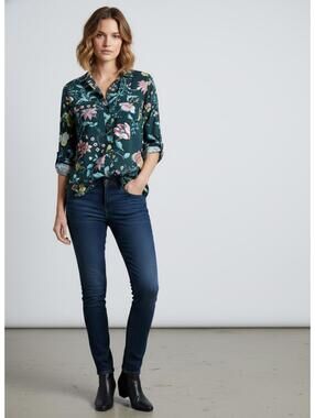 LOFT Floral Button-Up Shirt in Dark Green XS